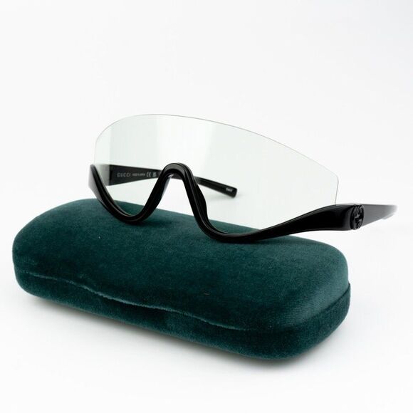 NEW Gucci GG1650S 005 Shiny Black Green Unisex Shield Mask Sunglasses - Picture 2 of 11